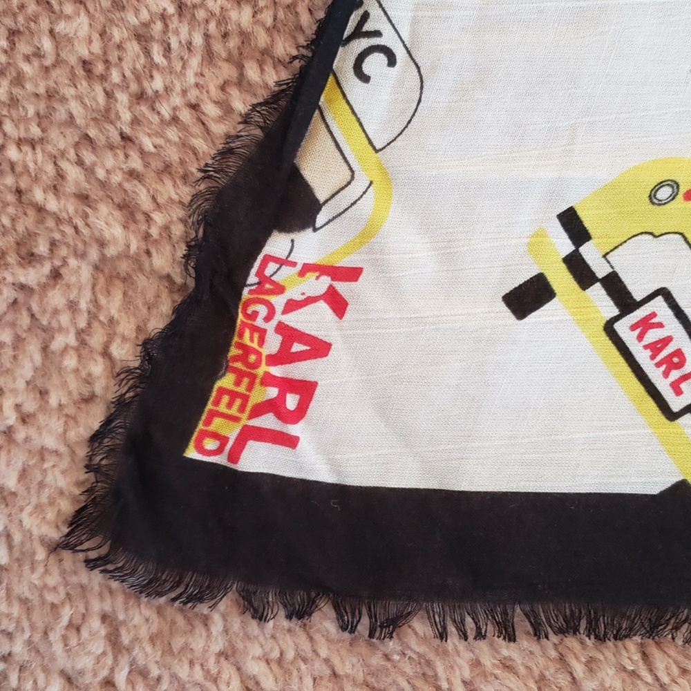 NWT Karl Lagerfeld Ikonik Print Silk Modal Large Square Frayed Edges Black Scarf - Picture 10 of 15